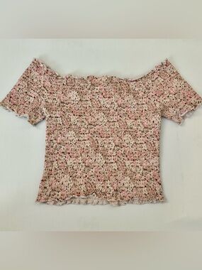 H&M Pink & Cream Smocked Off-Shoulder Crop Top